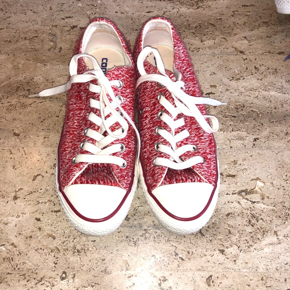 Red and cream knitted converse